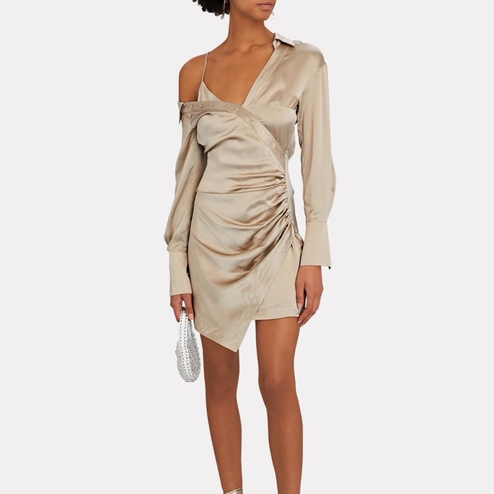Silk Asymmetric Ruched Mini Dress - Beige